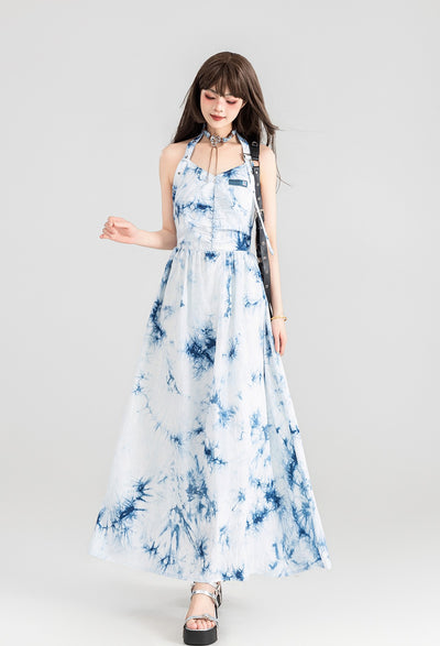 Tie-dyed Halter Neck Suspender Backless Long Dress KEI0099