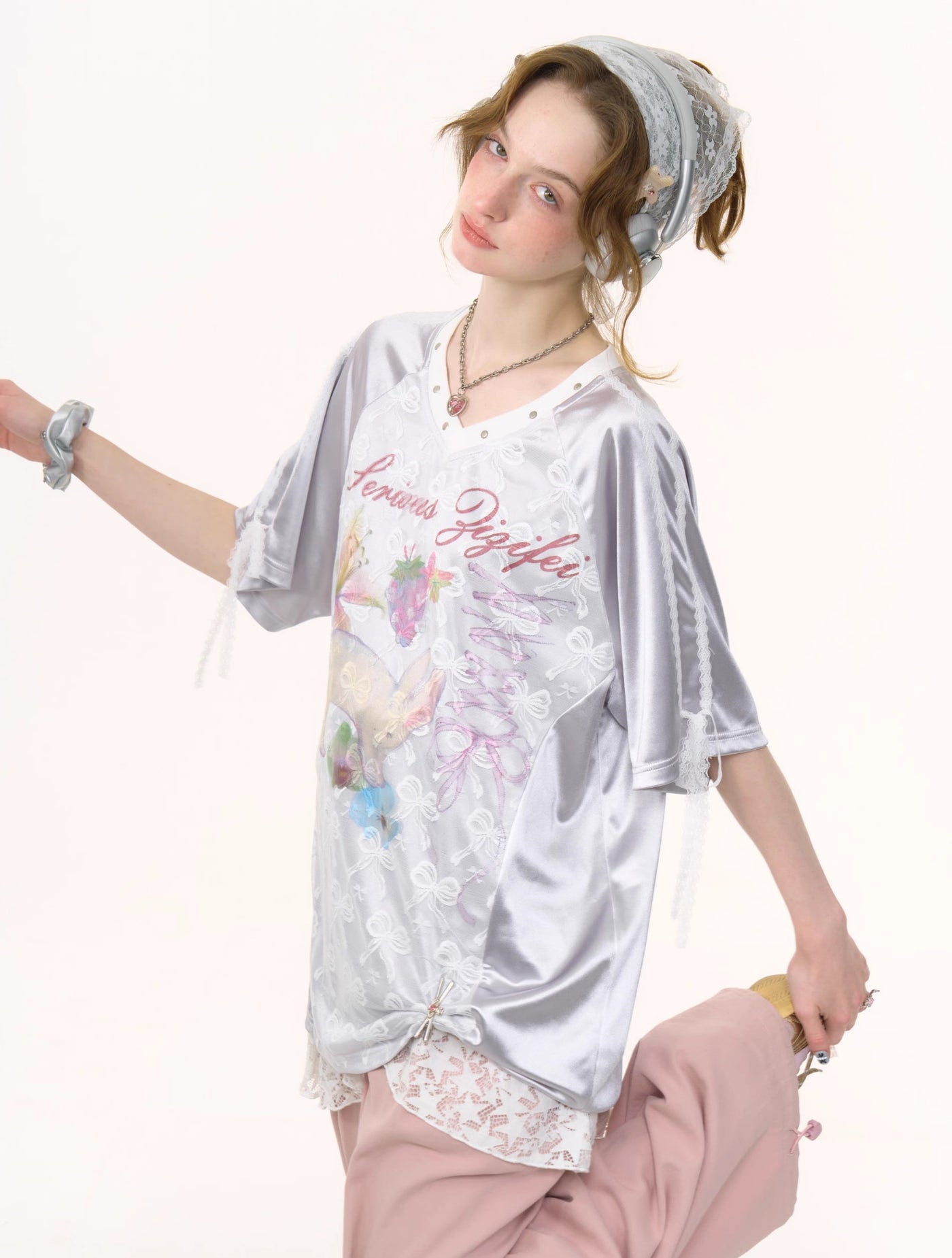 Satin Lace Bow Gray T-shirt ZIZ0245