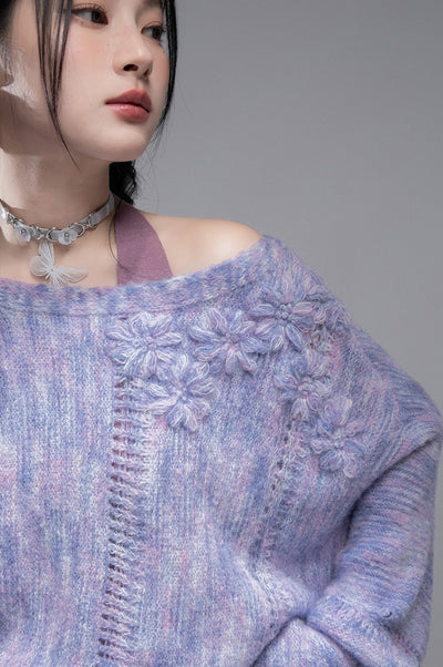 Purple Flower One Shoulder Sweater COT0363