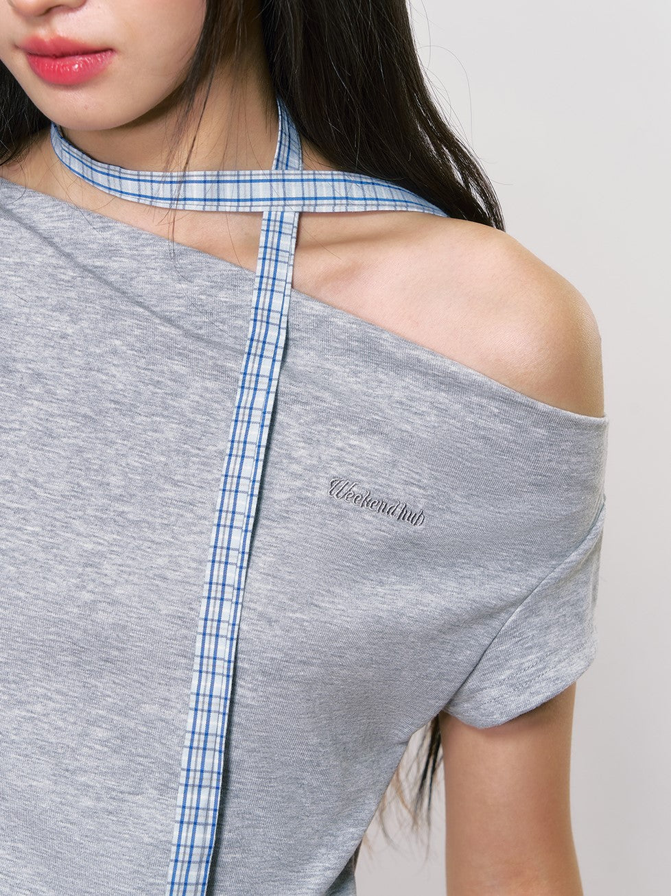Plaid Ruffled Off-shoulder T-shirt WEE0053