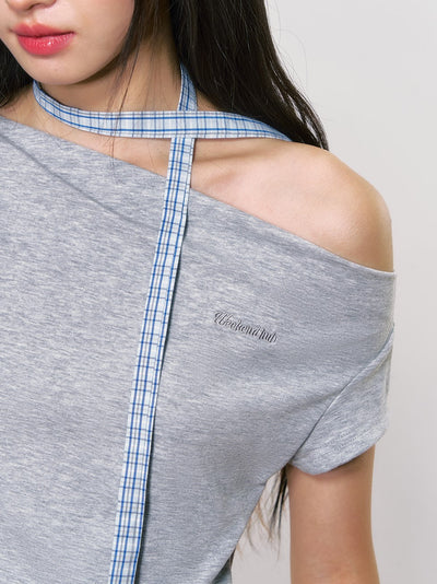 Plaid Ruffled Off-shoulder T-shirt WEE0053