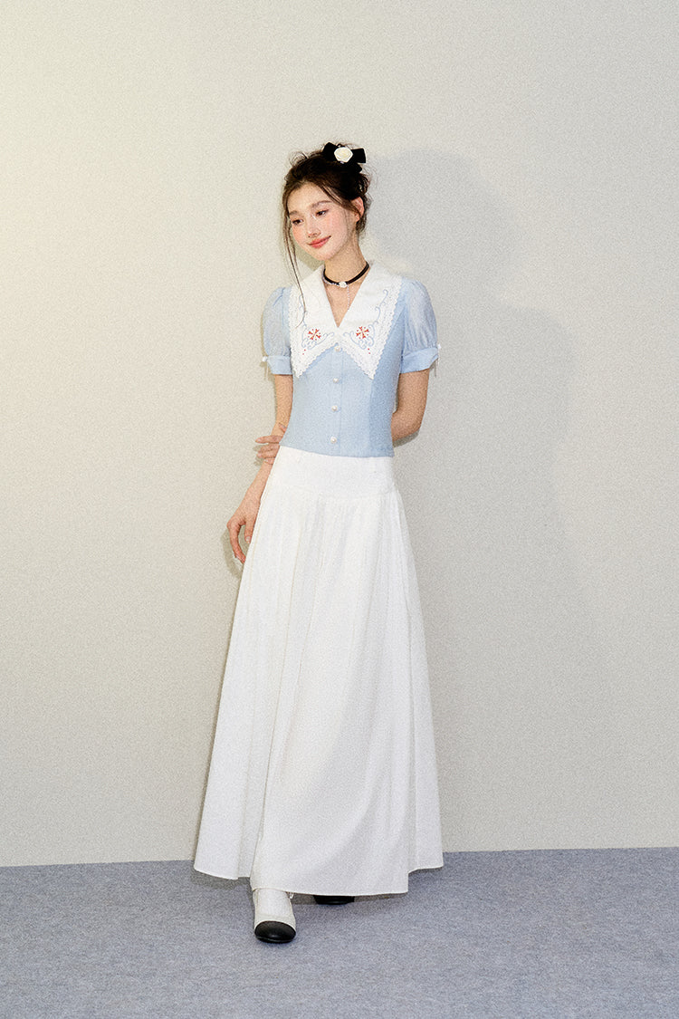 French Embroidery Large V-neck Puff Sleeve Shirt/Umbrella Long Skirt UND0072