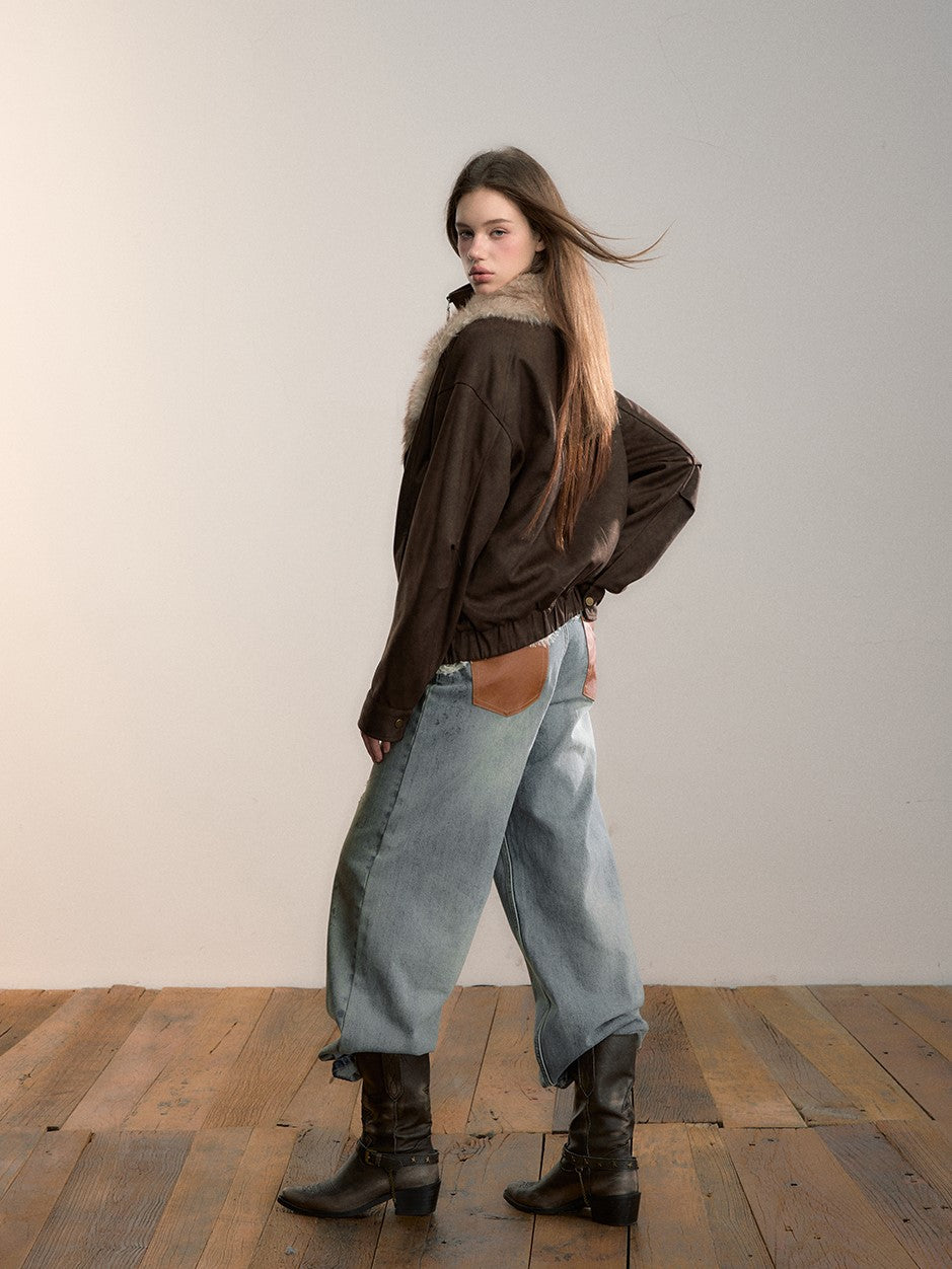 Loose-fitting Faux Two-Piece Fur Collar Jacket VIA0353