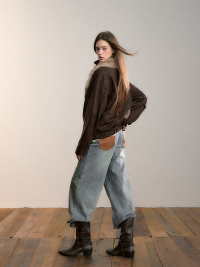 Loose-fitting Faux Two-Piece Fur Collar Jacket VIA0353