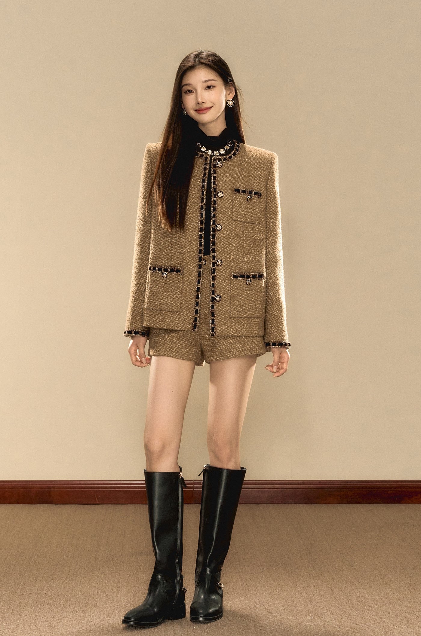 French Retro Luxurious Style Tweed Ribbon Jacket/Shorts OSH0075