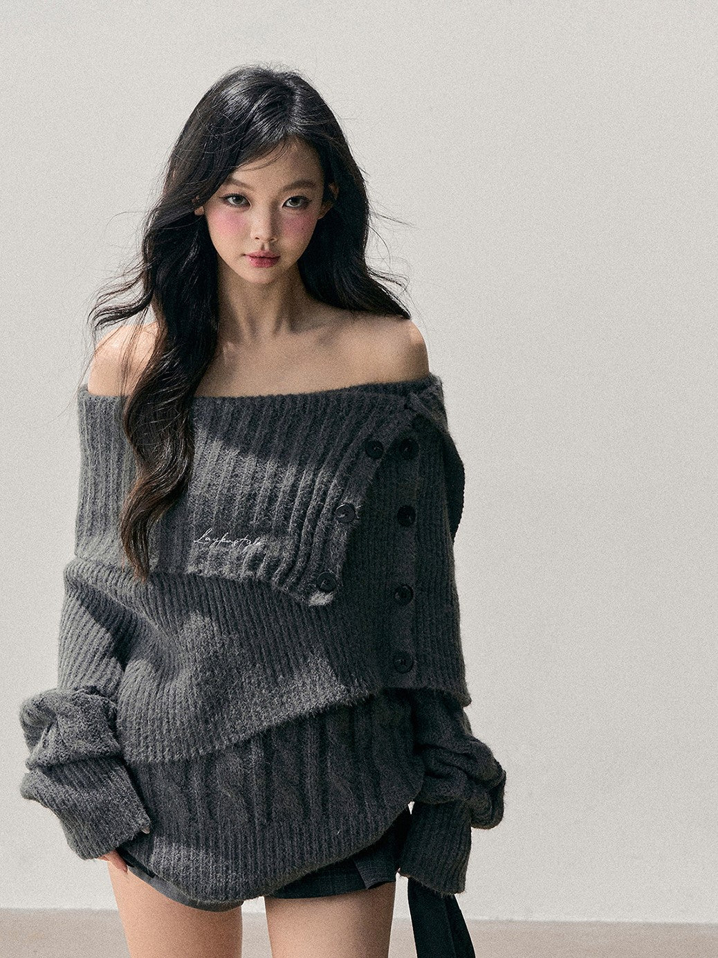 Gray Off-Shoulder Loose Sweater DIA0723