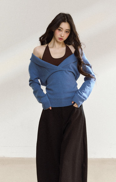Blue V-neck Loose Sweater SHI0221