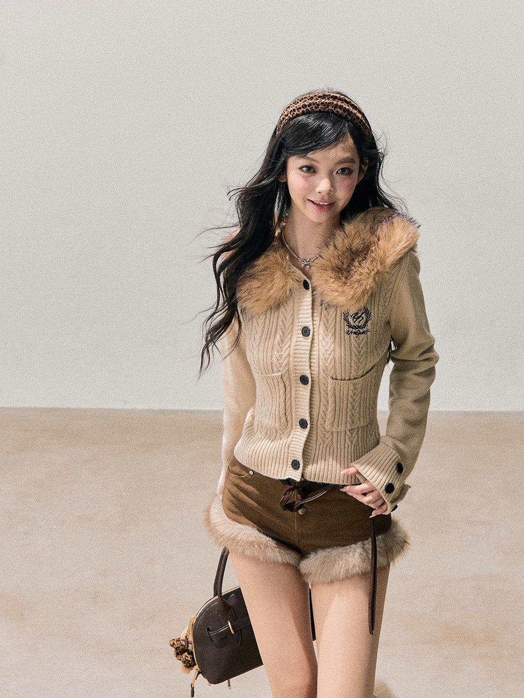 Detachable Fur Collar Knitted Cardigan DIA0766