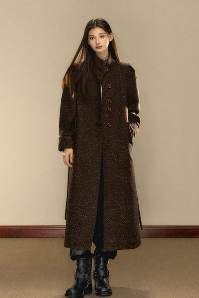 Chocolate Brown Tweed Long Over-the-Knee Wool Coat OSH0103