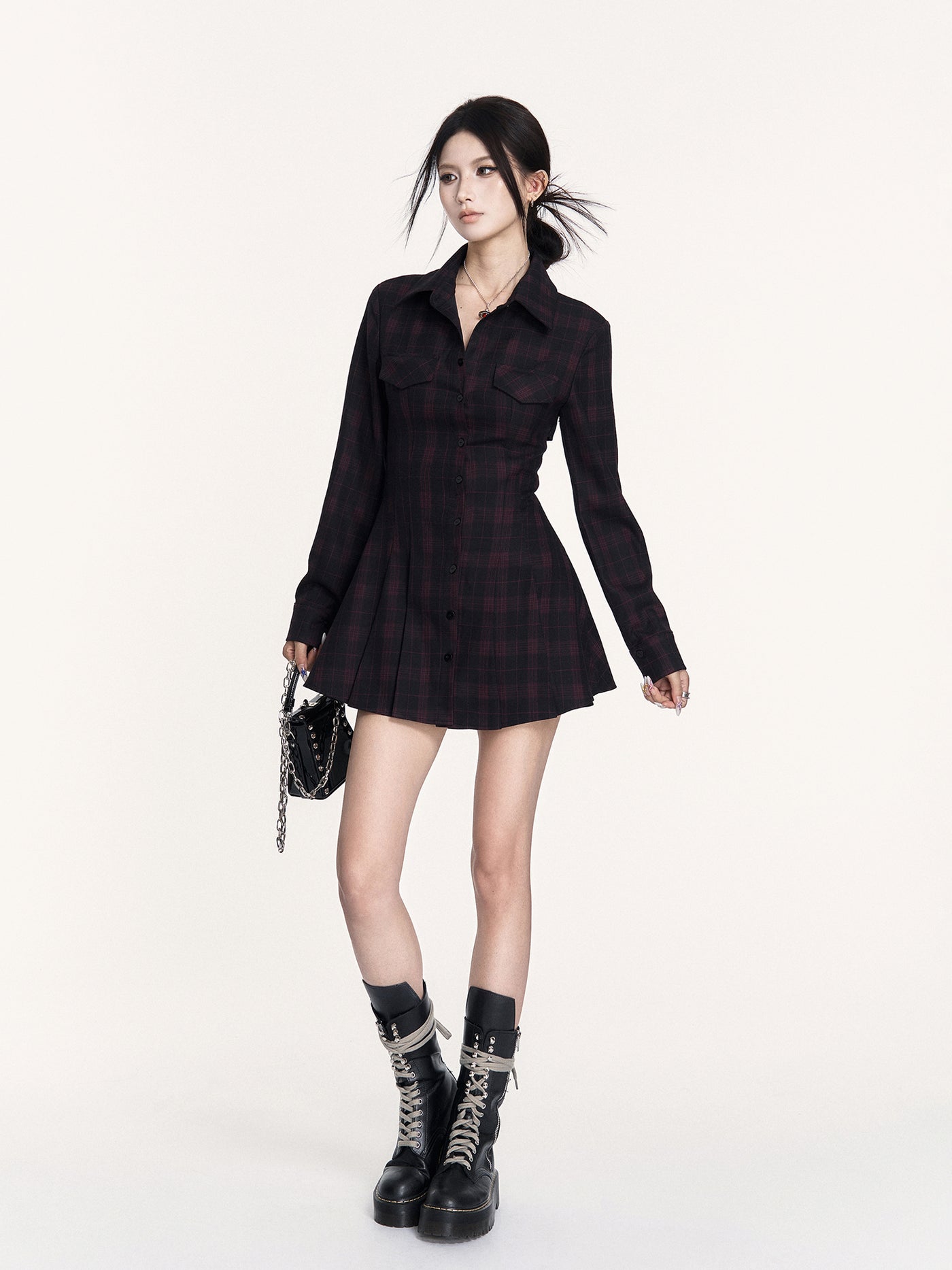 Plaid Open Back Tie Shirt Dress VOC0441