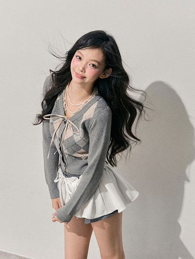 French Argyle Knitted Short Cardigan DIA0763