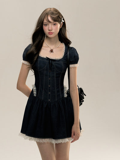 Denim Topstitch Square-neck Panelled Pleated Dress SUN0076