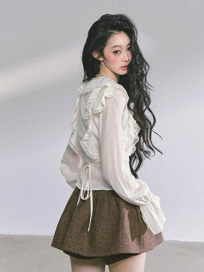 French V-neck Lace Ruffled Shirt DIA0587