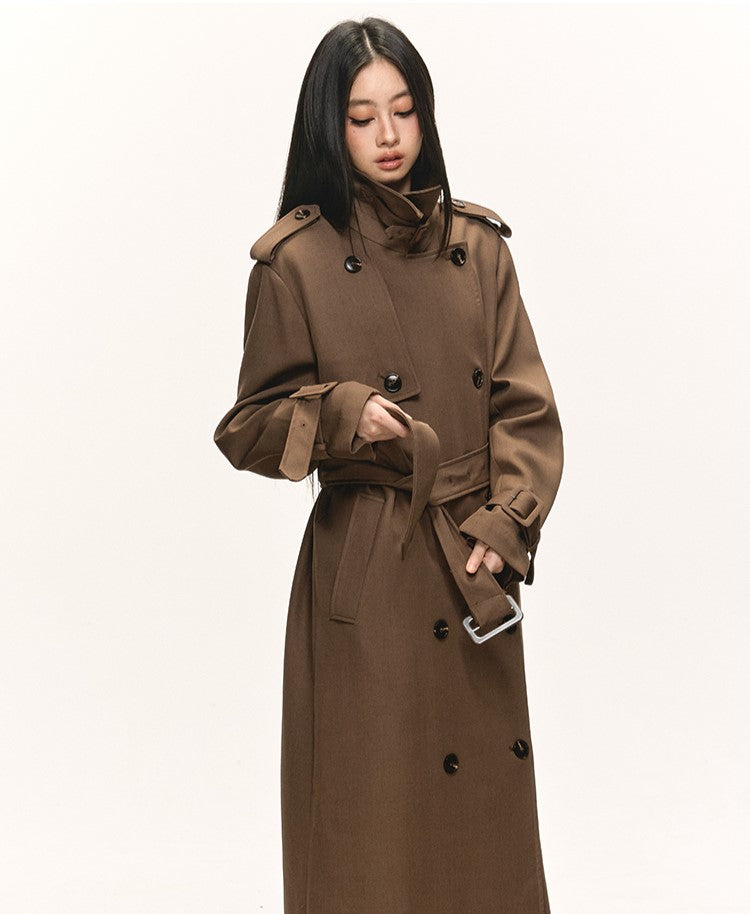 Brown Double-Breasted Long Trench Coat ANA0084