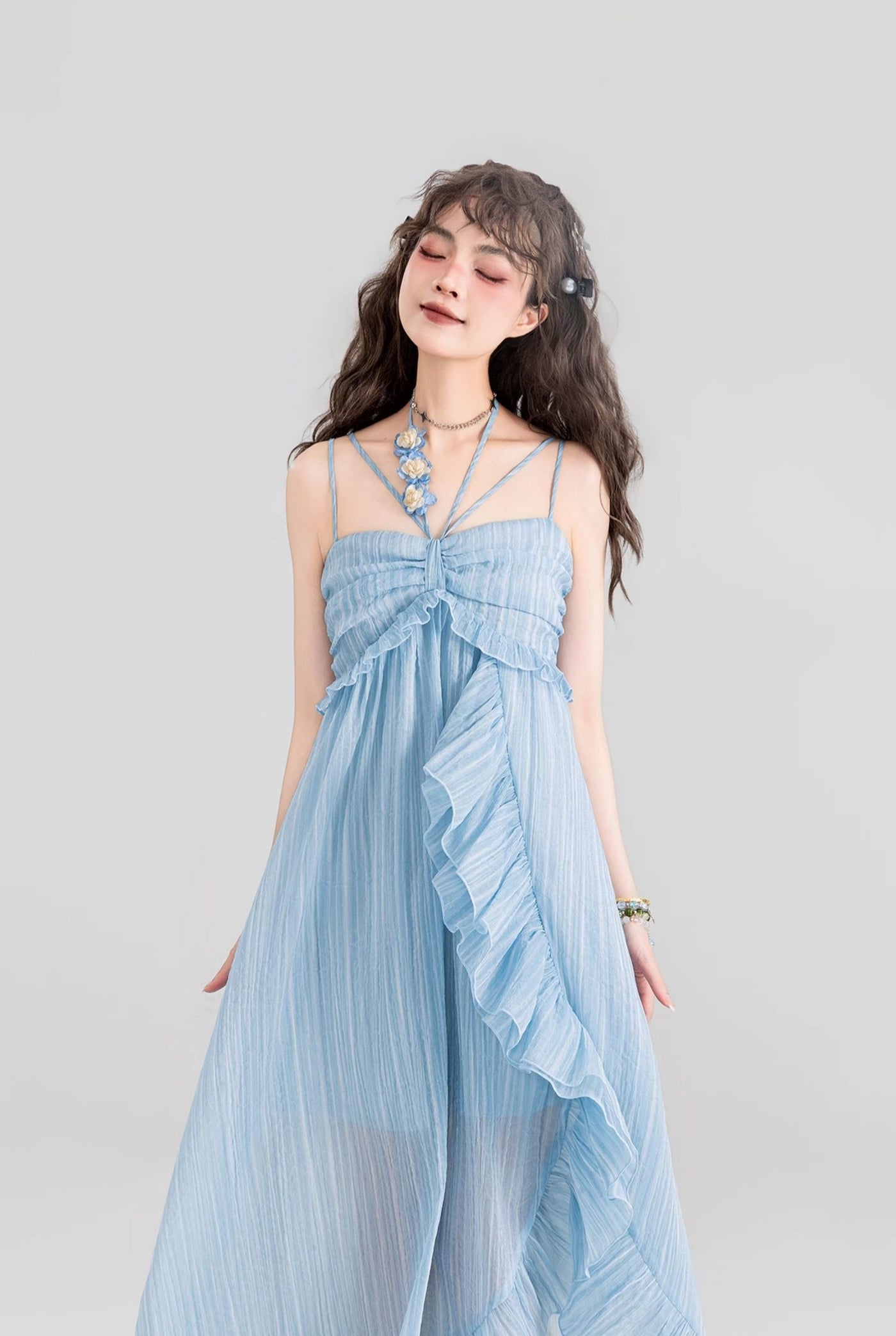 Fairy Ruffle Suspender Chiffon Long Dress KEI0094