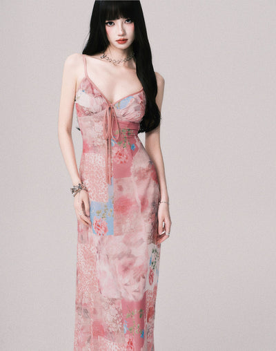 Flower V-neck Printed Suspender Dress LUL0147