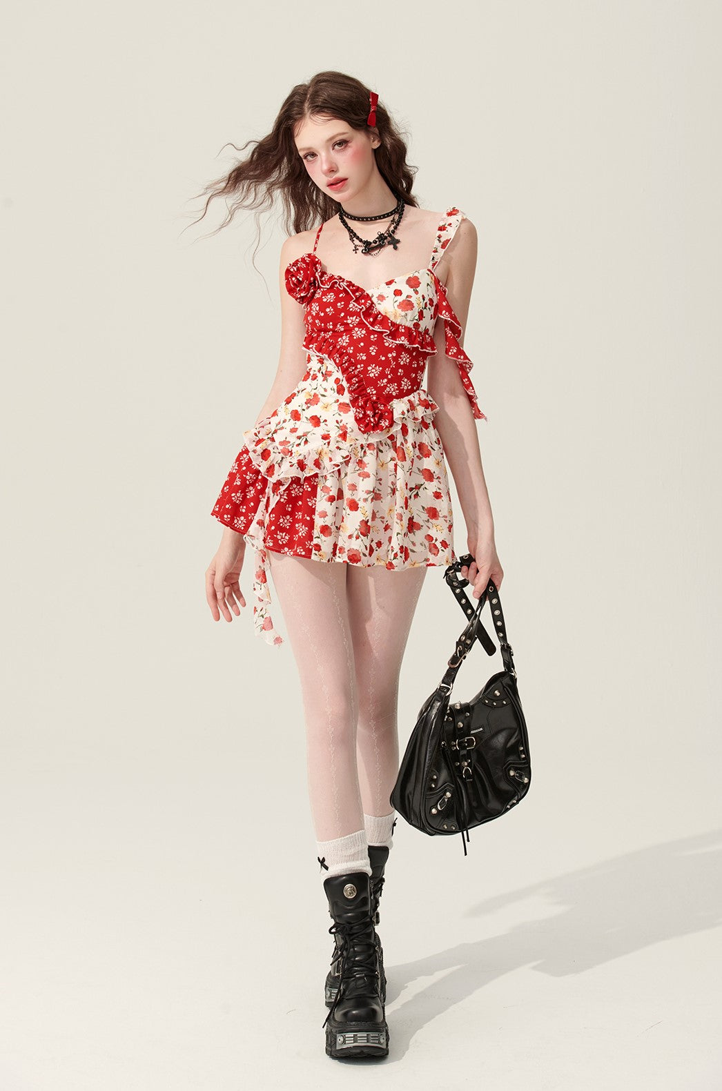 Rose Red Splicing Floral Suspender Dress DIA0167