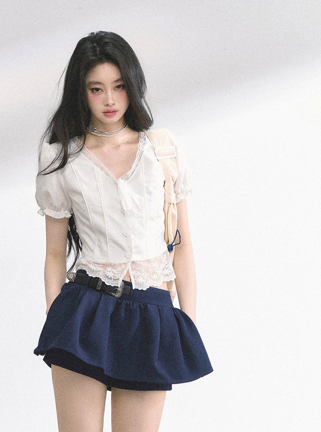 Lace V-neck Puff Sleeve Shirt DIA0521