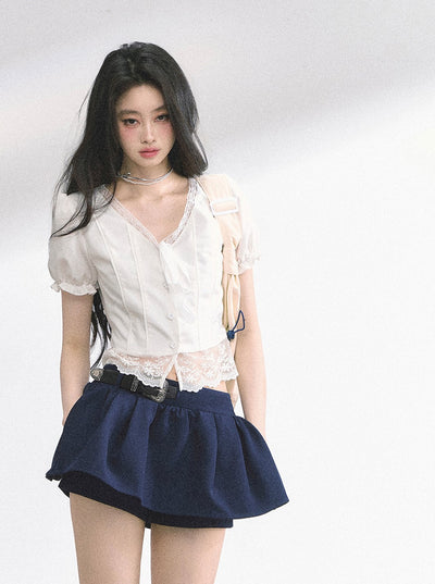 Lace V-neck Puff Sleeve Shirt DIA0521