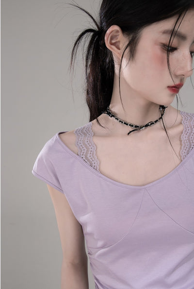 Purple Waist Slim Short Sleeve T-shirt COT0306