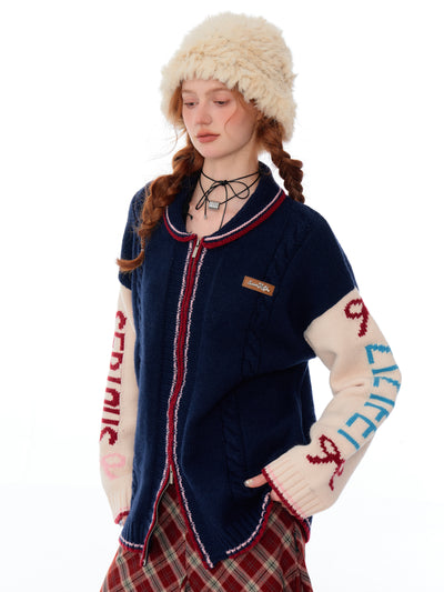 American Style Contrast Color Stitching Letter Soll Collar Rabbit Sweater Cardigan ZIZ0189