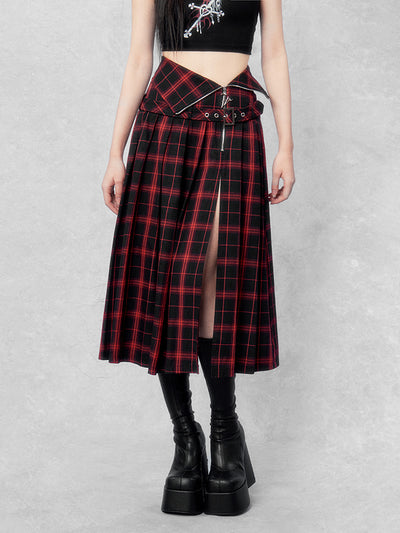 Red And Black Plaid Pleated Slit Long Skirt VOC0187