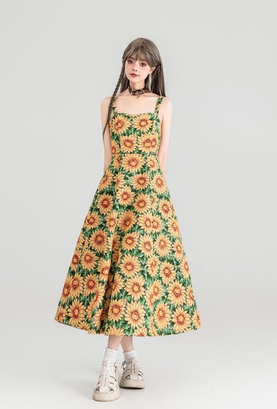 Sunflower Jacquard Floral Suspender Long Dress KEI0152