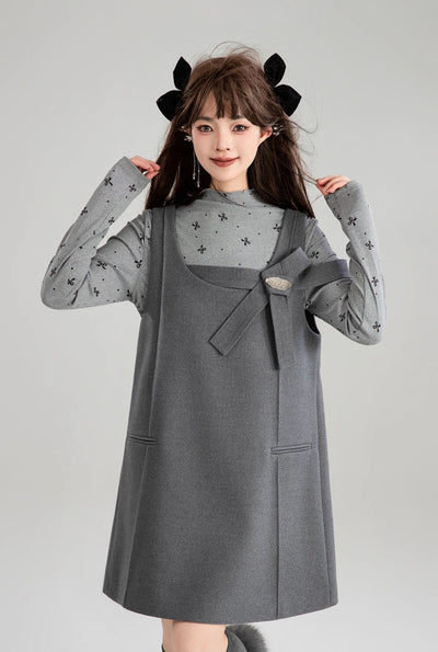 Gray Bow Tie Flower Suspender Dress/Bow Tie Design Top KEI0185