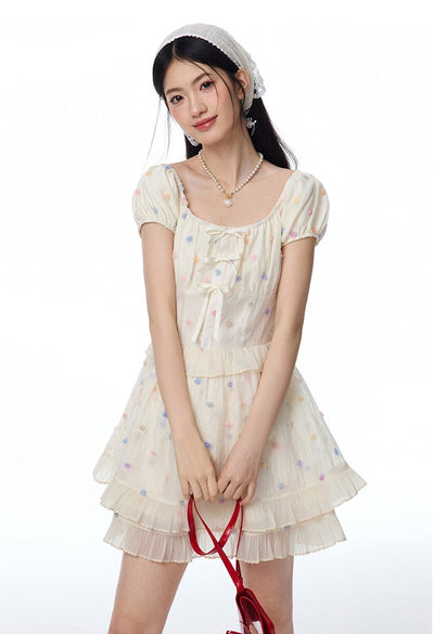 French Colorful Flower Embroidery Puff Sleeve Cake Dress NTO0100