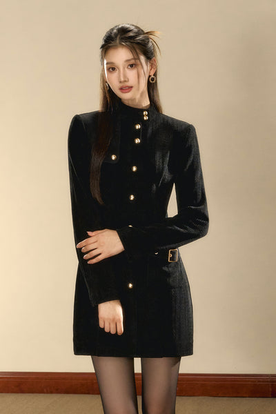 Star Black Stand-up Collar Waist Gold Buckle A-line Dress OSH0104