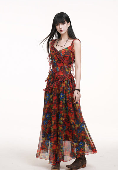 Red Floral Suspender Dress LAD0168