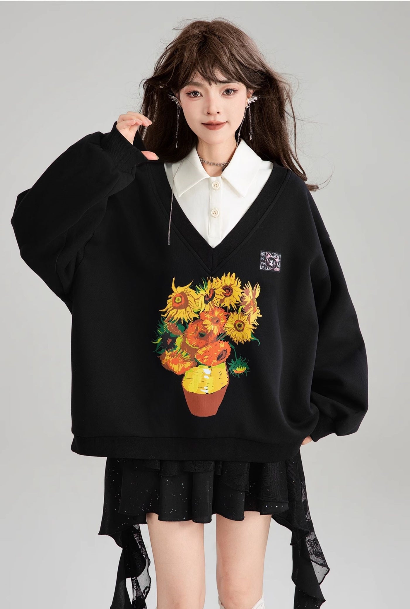 Sunflower Painting Print Fake Two-piece Polo Collar Sweatshirt/Skirt KEI0182