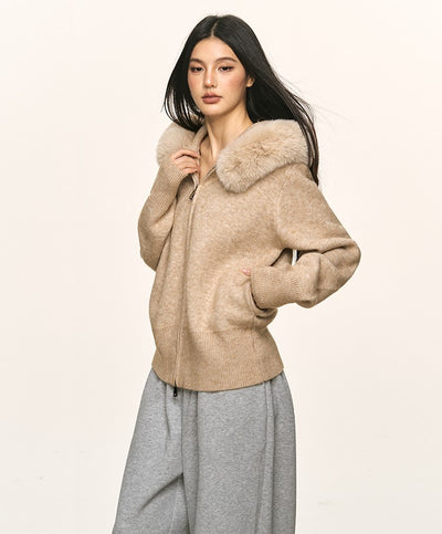Double Zipper Large Fur Collar Knit Cardigan ANA0094
