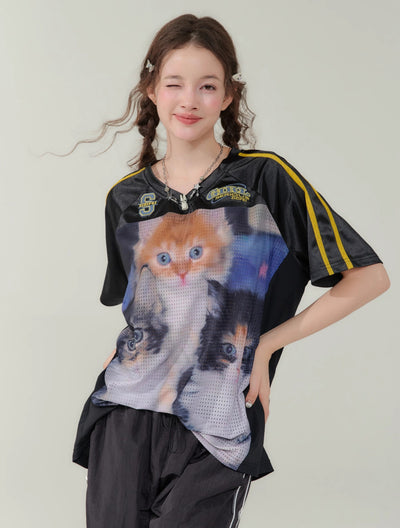 Cat Print Loose V-neck Quick-drying Short-sleeved T-shirt ZIZ0144