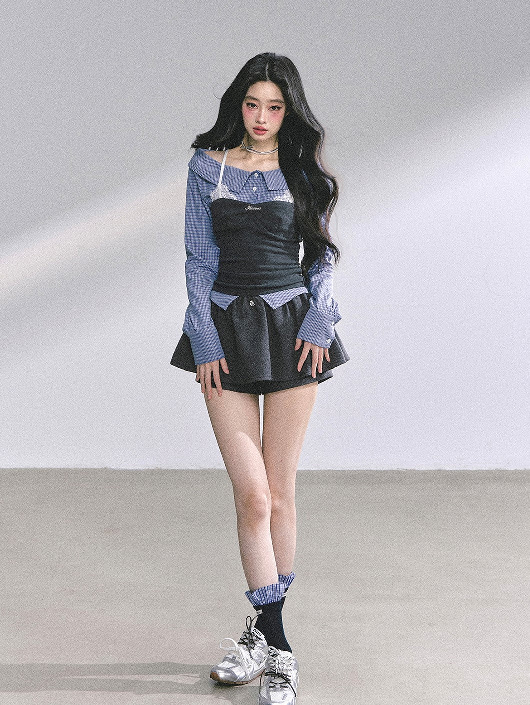 Fake Two-piece Plaid Lace Shirt DIA0573