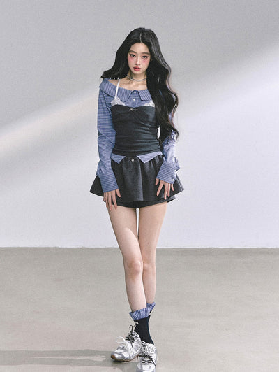 Fake Two-piece Plaid Lace Shirt DIA0573