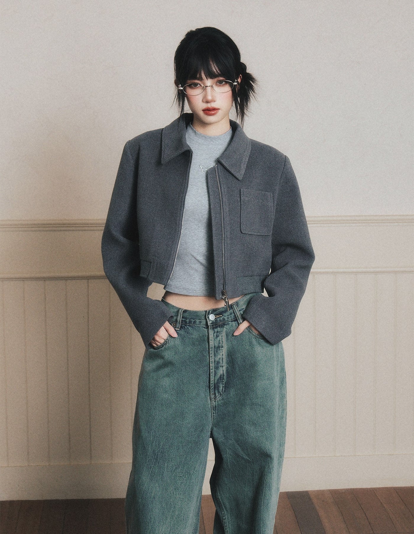 Gray Lapel Short Jacket LUL0189