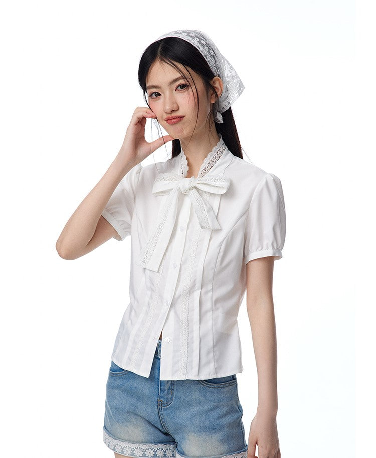 White Lace Bow Short-sleeved Shirt NTO0097