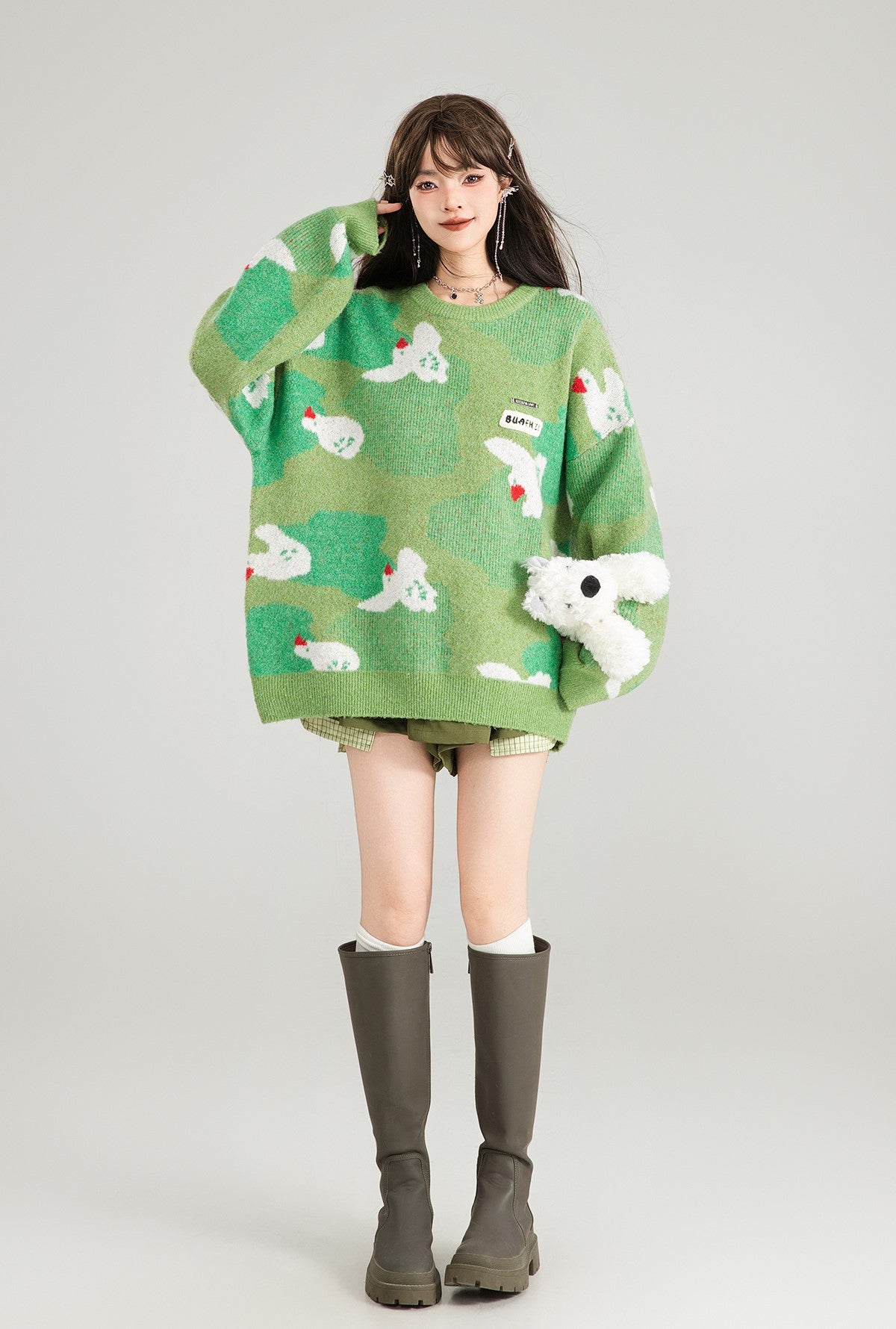 Chick Jacquard Lazy Style Green Sweater KEI0177