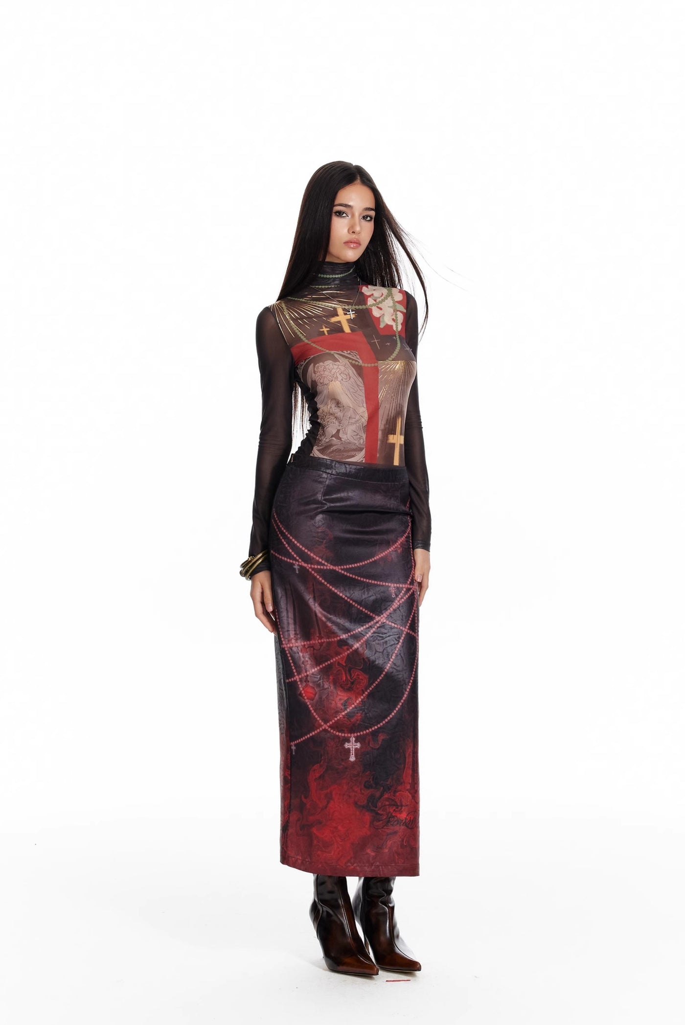 Flame Oil Painting Print Medium-length Straight Skirt 4MU0087