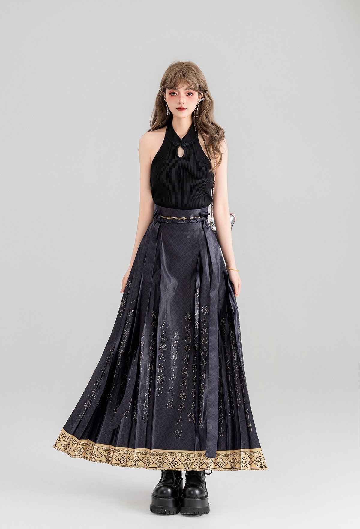 Chinese Character Printing Pleated Long Skirt KEI0069