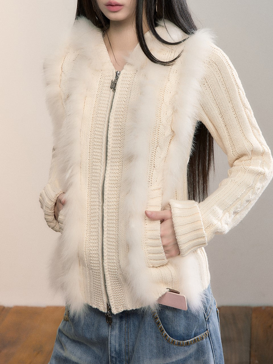 Fur Patchwork Knitted Hooded Cardigan VIA0356