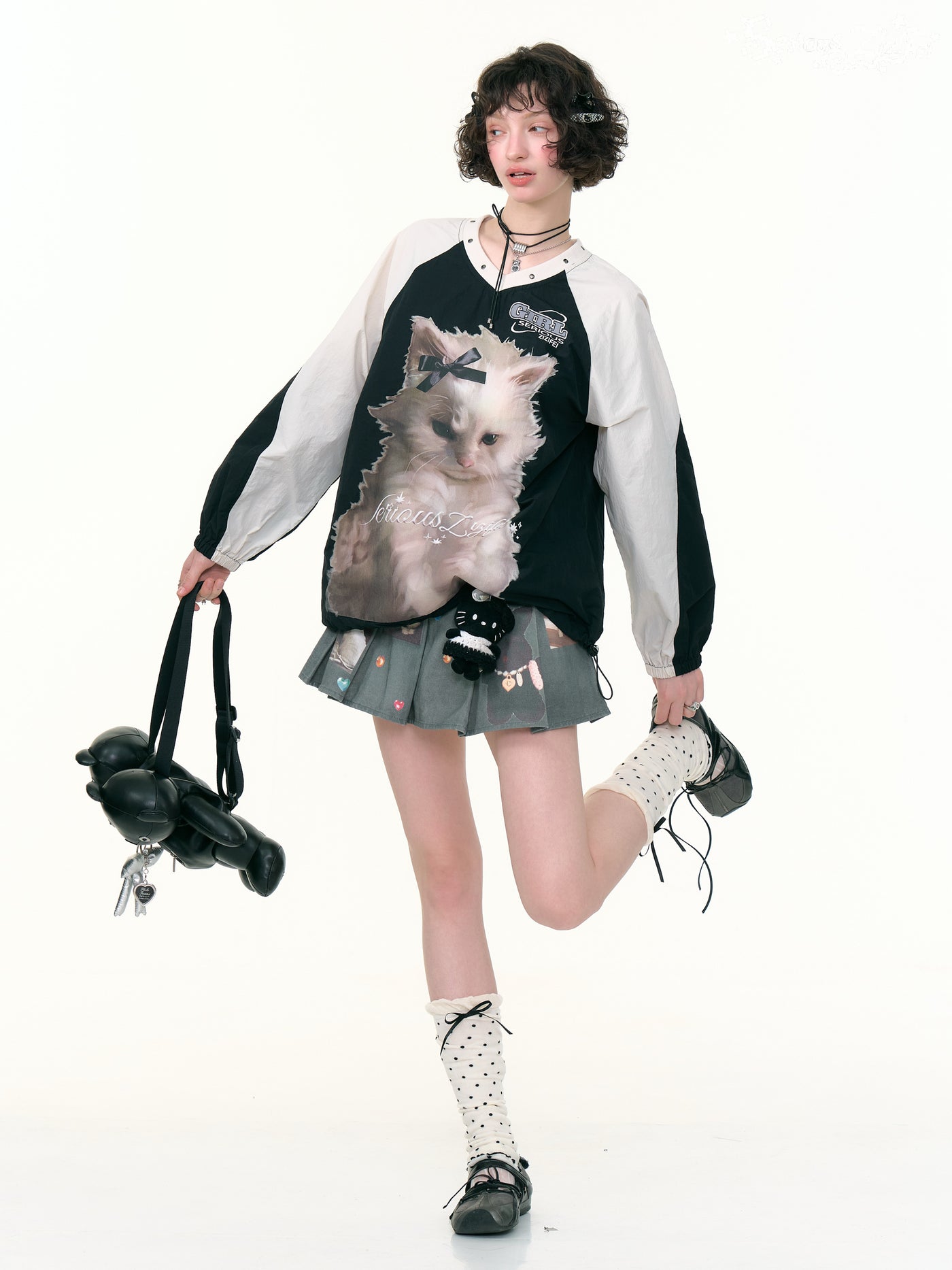 Cat Print Sports Style V-neck Sweatshirt ZIZ0298