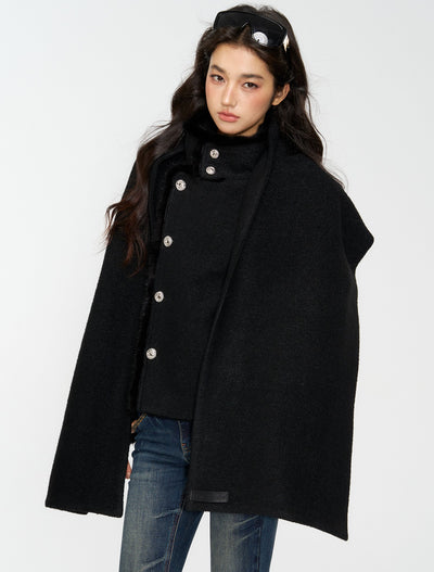 Black Furry High-Neck Short Jacket/Scarf 4MU0165