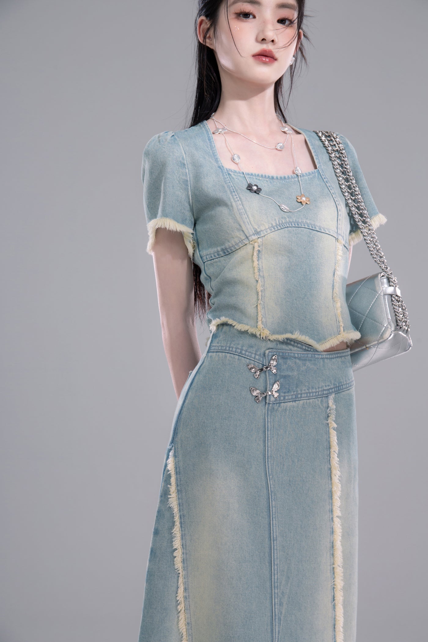 Raw-edge Denim Top/Slit Skirt COT0266