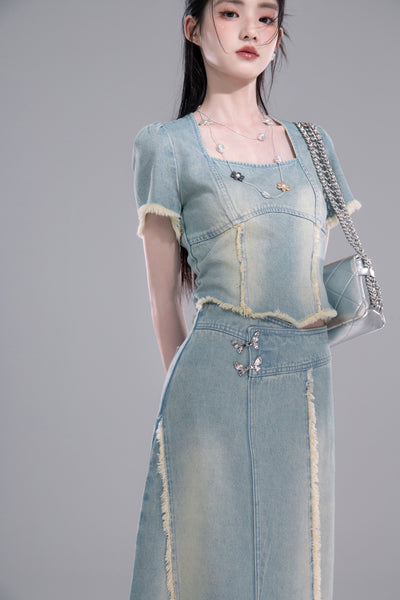 Raw-edge Denim Top/Slit Skirt COT0266