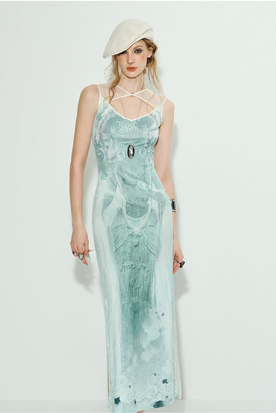 Cross-flower Mesh Print Dress OFA0241