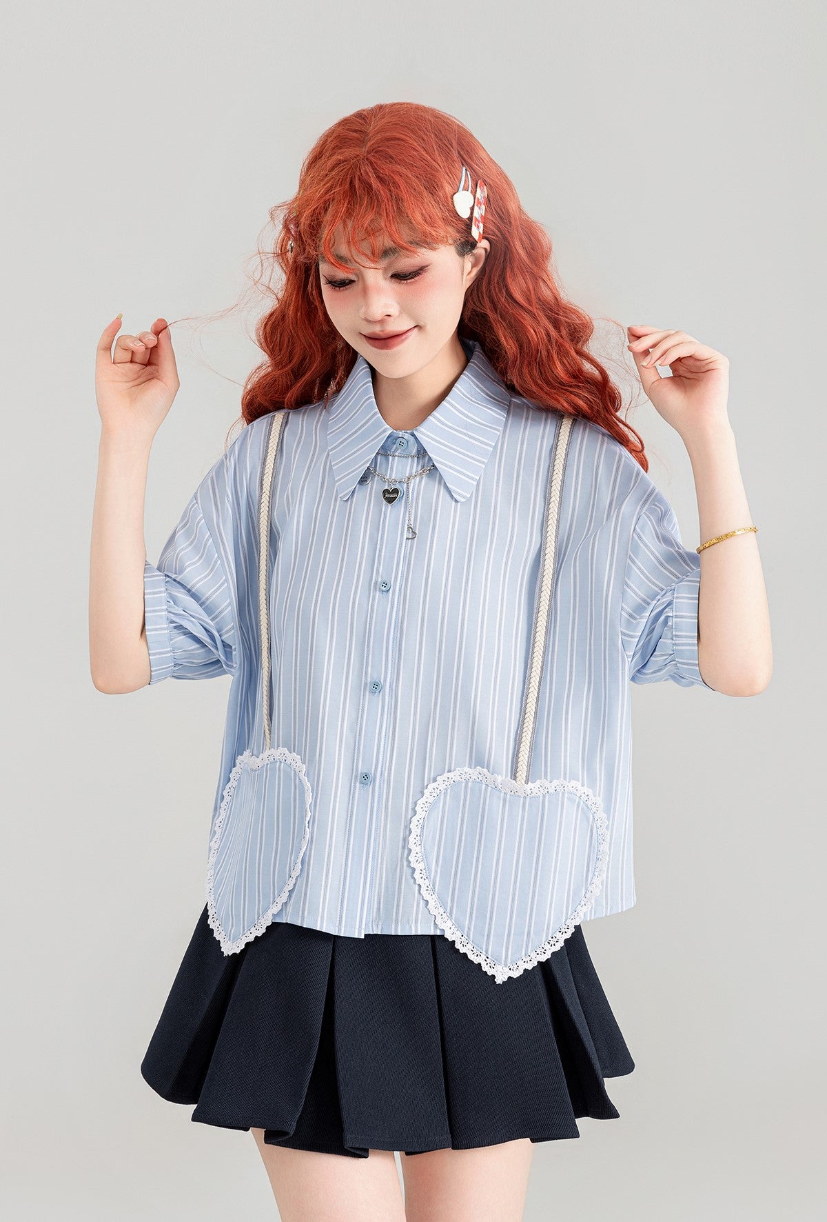 Blue Striped Heart-Shaped Pocket Short-Sleeved Shirt/Skirt KEI0087