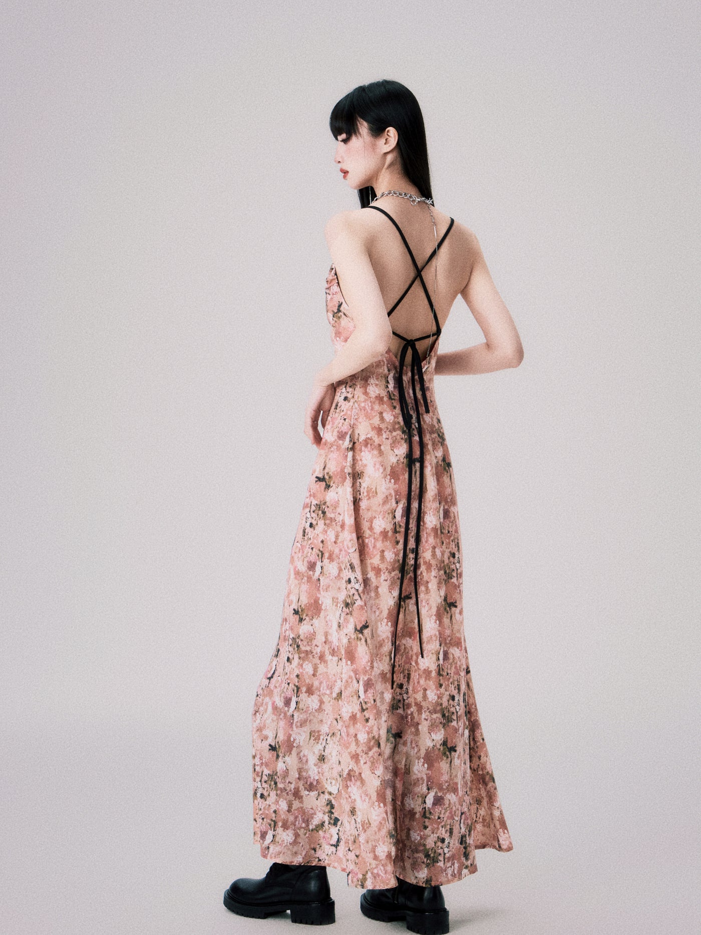 Apricot Pink Floral Swing Collar Backless Suspender Dress LUL0060