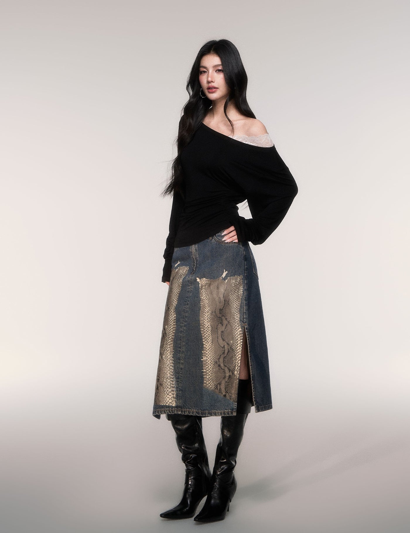 Python Print Straight-Line Denim Skirt LUL0209